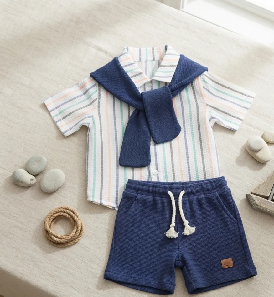 Ensemble Chemise Rayée, Short et Pull Noué