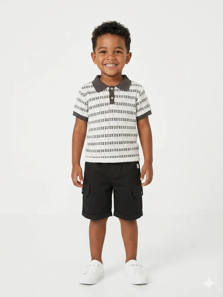 Ensemble Polo à Motifs Géométriques et Short à Poches (Vert, 3Y)
