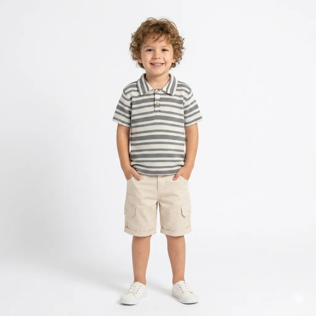 Ensemble Polo Rayé et Short à Poches (Gris, 3Y)