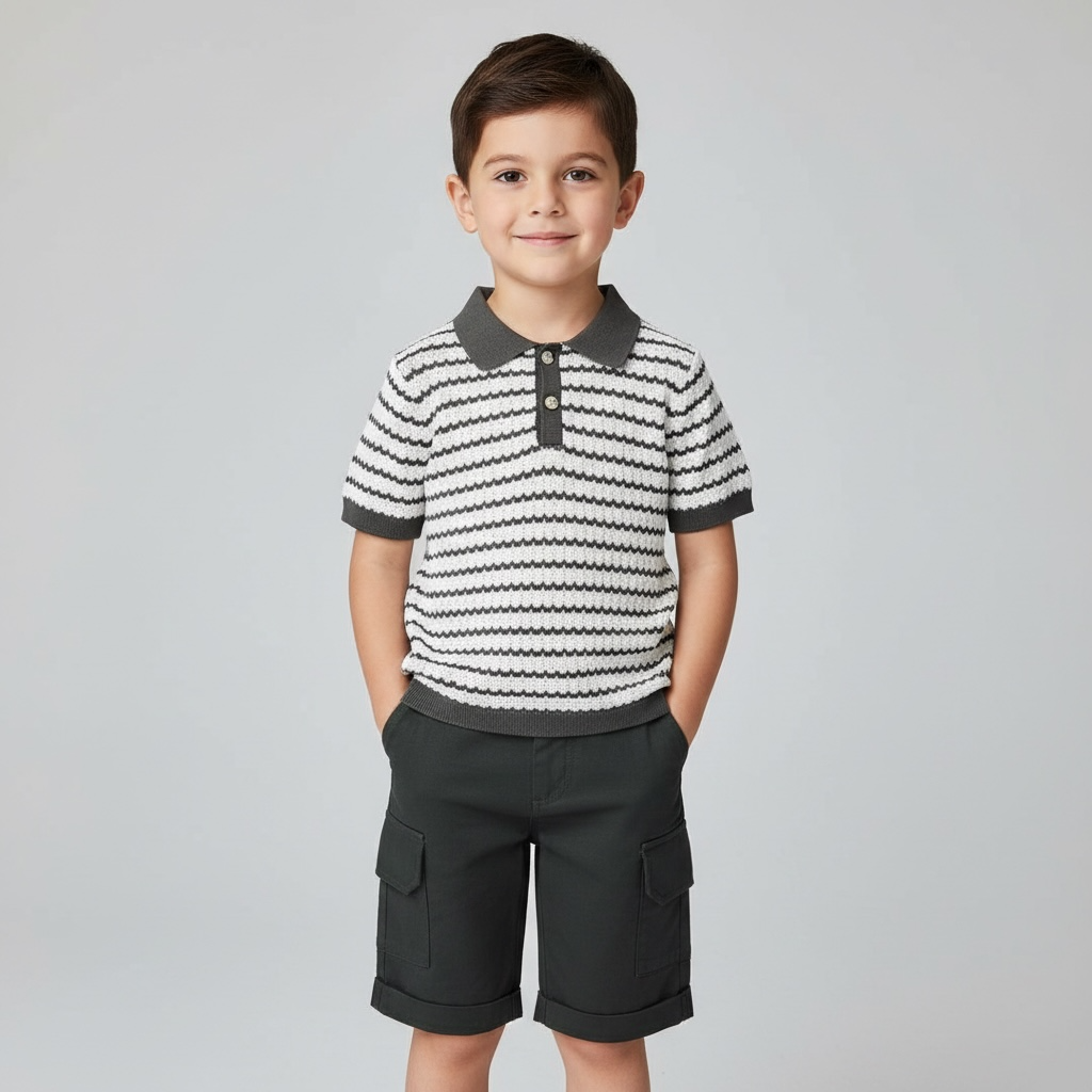Ensemble Polo à Rayures Texturées et Short à Poches (Vert, 3Y)