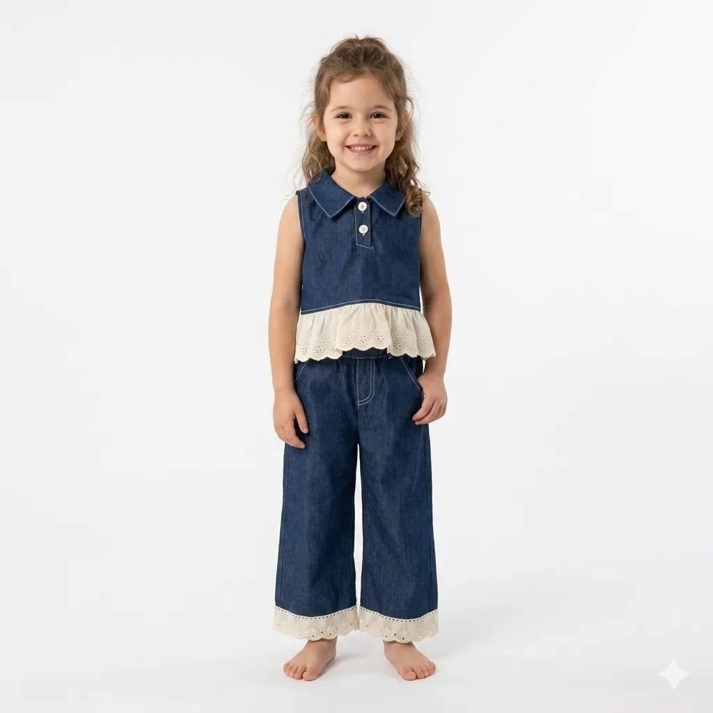 Ensemble Top en Jean Foncé à Col et Short à Volants