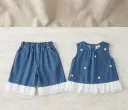 Ensemble Top en Jean à Fleurs et Short à Volants